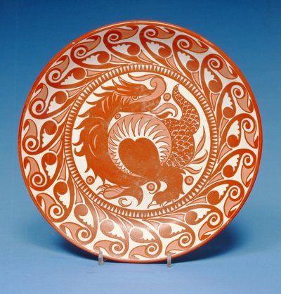 Earthenware Dish, Decorated in Red Lustre with a Scrolling Dragon, c.1880-85 by William de Morgan